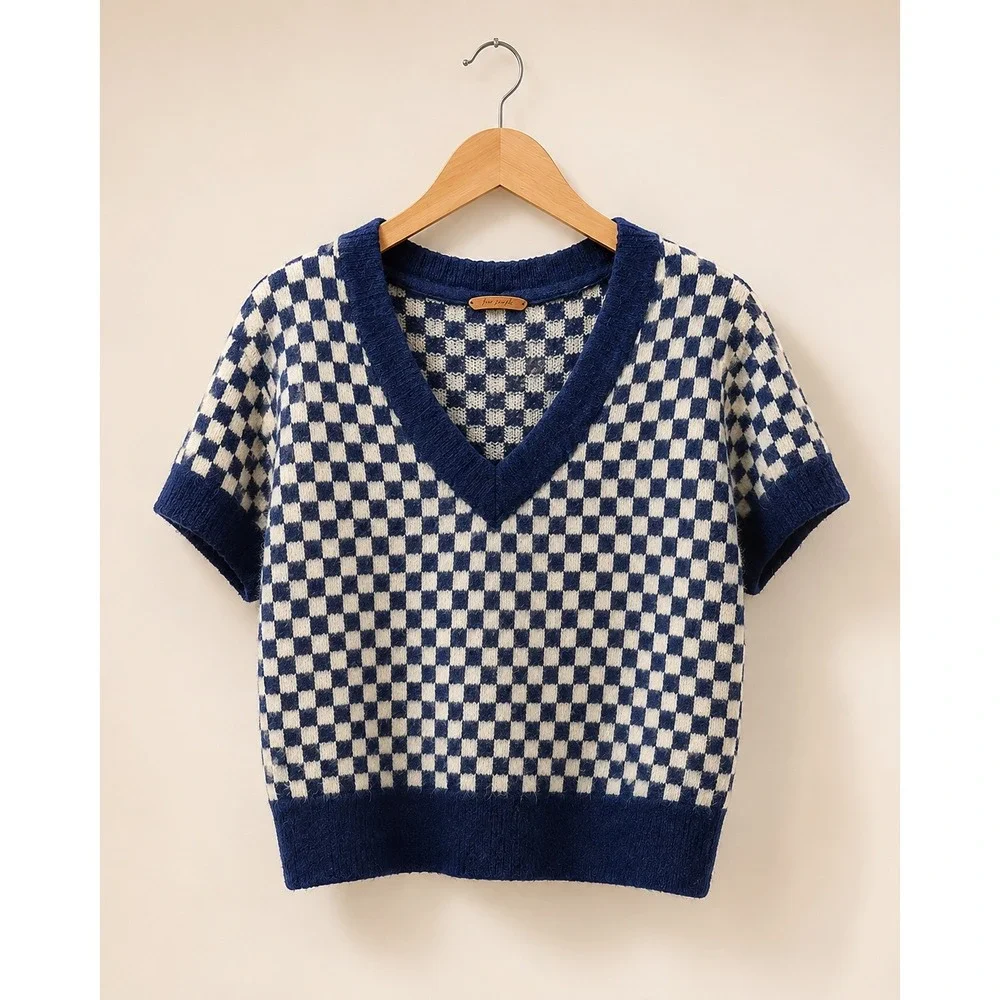 Free People Checkered V-Neck Short Sleeve Sweater Navy Blue Cream Small